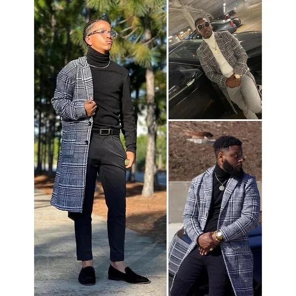 Men's Black And White Wool Blend Pea Coat Warm Winter Trench Coat